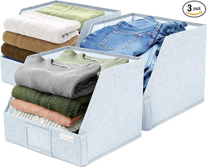 VIVIDECOR Open Front Trapezoid Closet Bins 12x12x10 – Easy Access Shelf Organizer for Folded Clothes, Fabric Storage Baskets for Sweaters, Towels, Linen – Light Blue, 3 Pack