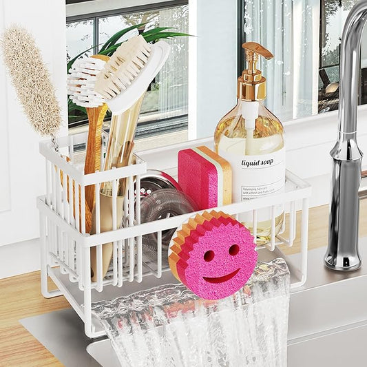 Sponge Holder for Kitchen Sink,Smiley Face Sink Caddy with Removable Brush Holder,Self-Draining Sponge Caddy for Sponge,Soap,Dish Brush,Scrubber,Kitchen Essentials and Gadgets-White by Unknown