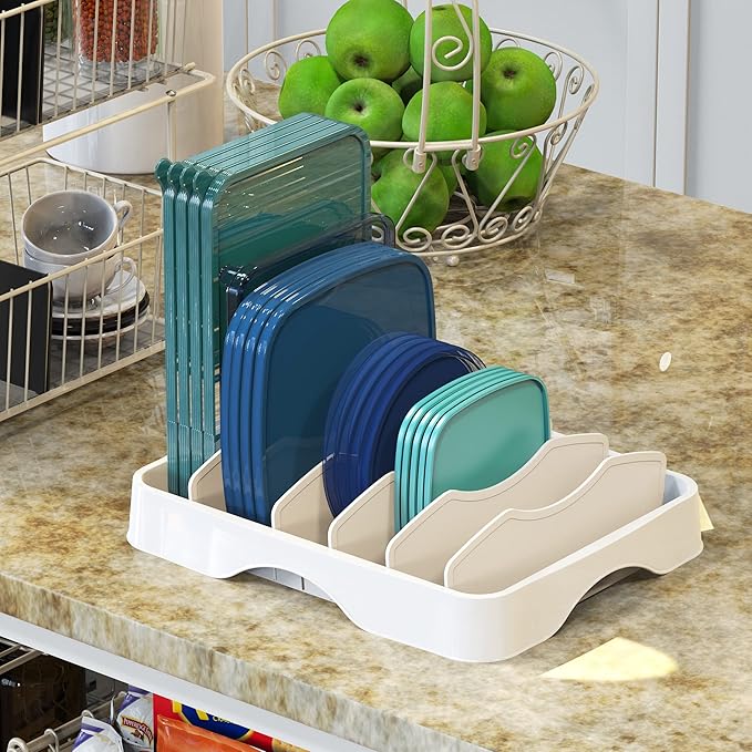 Simple Houseware Food Container Lids Storage Organizer with Adjustable Dividers, 13''x10'', White - Image 4