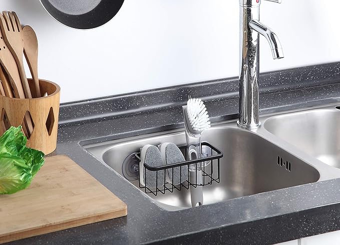 SunnyPoint NeverRust Deluxe Kitchen & Bathroom Sink Sponge Holder Organizer with Adhesive Mount - Additional Suction Cup Included – Sponge & Brush NOT Included – 7.4 x 3.3 x 2.75 Inch (Mat Black) - Image 2
