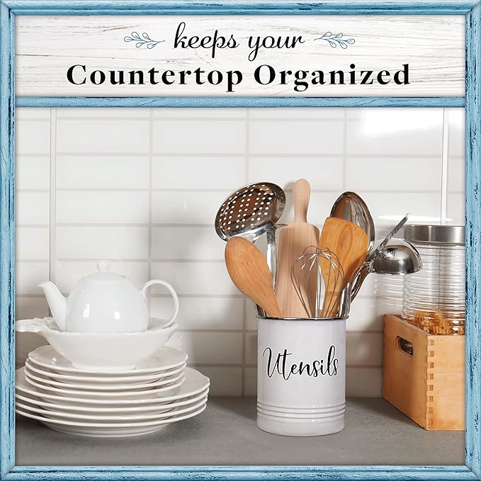 Home Acre Designs Vintage Farmhouse Utensil Holder - Stylish Countertop Organizer and Kitchen Decor Caddy - Stainless Steel Rim - White - Image 4