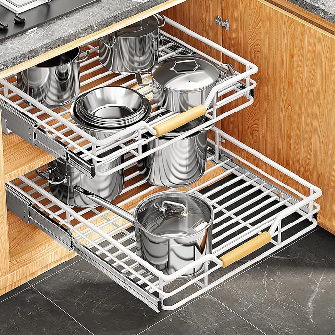 Pull out Cabinet Organizer, 18"W X 21"D, Heavy Duty Smooth Sliding Under Cabinet Shelves for Pots and Pans, Full-Extension Roll out Drawers, Slide out Organization for Home Kitchen Pantry, White - Image 4