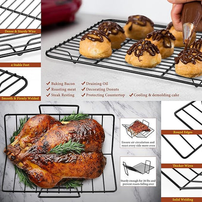 E-far Roasting Pan with Racks, Large Stainless Steel Turkey Roaster with V-Shaped & Cooling Rack for Oven, 16 Inch Nonstick Deep Broiler Pan with Handles for Baking Chicken Lasagna Meat, Heavy Duty