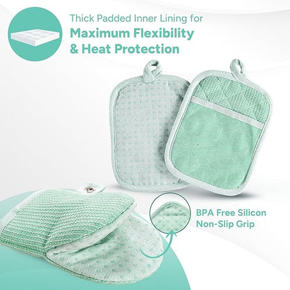Casa Platino Potholders & Oven Mitts Heat Resistant, 8-Piece Mini Oven Mitt with Silicone Grip, Potholder for Kitchens, 2 Kitchen Towels & 2 Dish Cloths – Durable & Non-Slip – Sage
