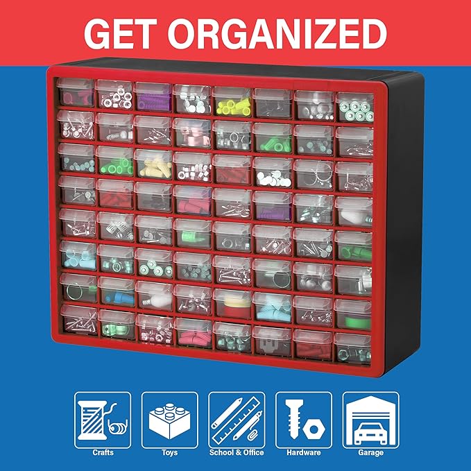 Akro-Mils 64-Drawer Plastic Drawer Storage Cabinet for Garage Organization, Bead Organizer, Building Bricks Storage, Teacher Toolbox, Makeup Organizer, 20" W x 6" D x 16" H, 10164 Red - Image 4