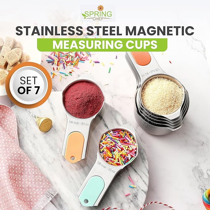 Spring Chef Magnetic Stainless Steel Measuring Cups, Patented, Kitchen Tools with Easy to Read Markings for Measuring Dry or Liquid Ingredients, Set of 7, Desert Sunset - Image 2