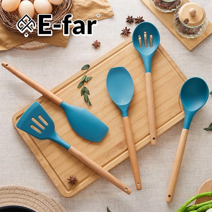 E-far Silicone Cooking Utensils Set, 5-Piece Kitchen Utensils Set with Wooden Handle for Cooking, Silicone Kitchen Nonstick Tools Spatula Turner Slotted Spoons, Nontoxic & Heat Resistant-Blue - Image 7