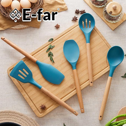 E-far Silicone Cooking Utensils Set, 5-Piece Kitchen Utensils Set with Wooden Handle for Cooking, Silicone Kitchen Nonstick Tools Spatula Turner Slotted Spoons, Nontoxic & Heat Resistant-Blue - Image 7