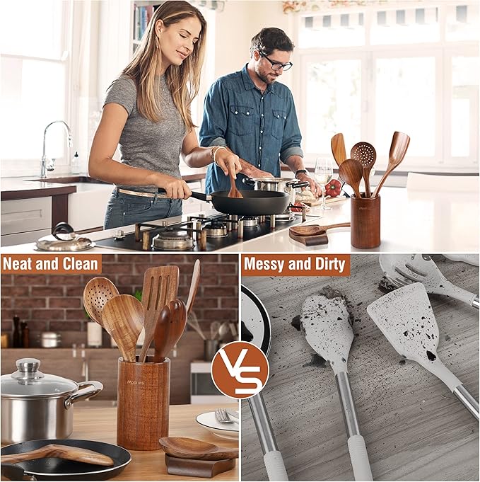 Mooues 12 Piece Wooden Spoons for Cooking, Wooden Utensils for Cooking with Utensils Holder, Natural Teak Wooden Kitchen Utensils Set with Wooden Spoon Rest, Comfort Grip - Image 7