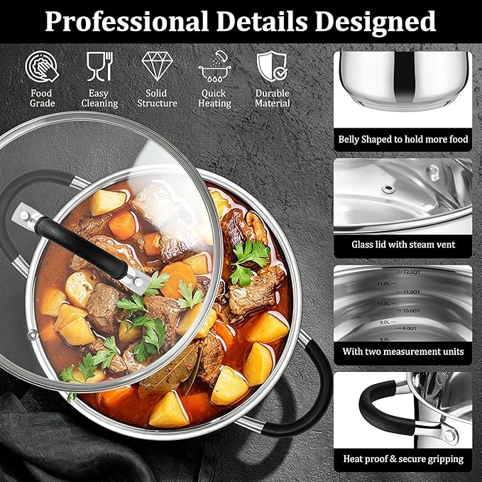E-far 12 Quart Stock Pot, Stainless Steel Pot with Lid for Cooking Soup Simmering Stew, Tall Induction Pot w/Tri-Ply Thick Base, Large Cooking Pot w/Dual Heat Proof Handles, No-Toxic & Dishwasher Safe - Image 4