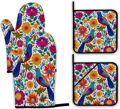 Colorful Bird Oven Mitts and Pot Holders,Flowers Mexican Style Heat Resistant Oven Mitts Gloves and Pot Holder for Home Kitchen Decorations Cooking Baking BBQ Gifts,Set of 4