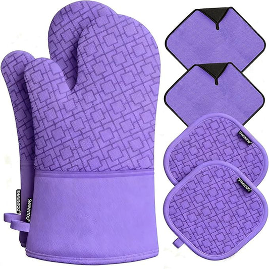 Oven Mitts and Pot Holders Sets 6pcs, Kitchen Oven Glove,High Heat Resistant 550 Degree Extra Long Oven Mitts and Potholders with Non-Slip Silicone Surface for Home Essentials (Grey) (Purple) by OvenMitts