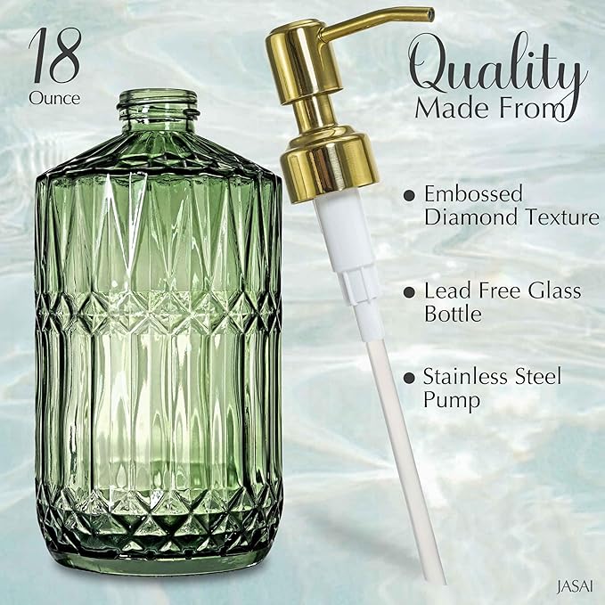 JASAI 18Oz Green Glass Soap Dispenser with Gold Rust Proof Pump, Refillable Kitchen soap Dispenser for Dish Soap, Soap Dispenser Bathroom for Hand soap, Lotion, Body Wash. - Image 2