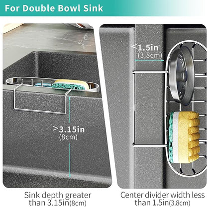 HapiRm Sponge Holder for Kitchen Sink - Rustproof Hanging Kitchen Caddy for Double-Bowl Sink, Center Divider Width Less Than 1.5in- Silver - Image 4