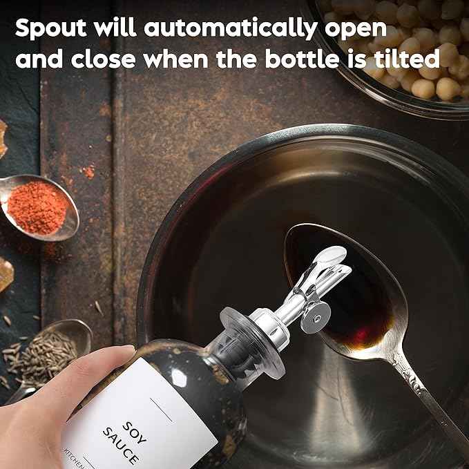 Spaceneat Olive Oil Dispenser Bottle - Includes 55 Kitchen Essential Labels - Cooking Oil Bottles for Kitchen, Coffee Syrup Dispenser - Pourer Spout with 11.8 fl oz Glass Container Cruet - 2pcs Silver