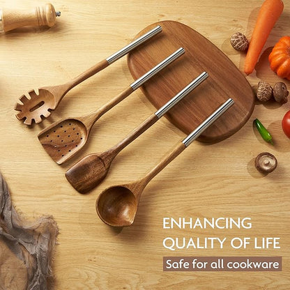 Edergoo 4 PCS Acacia Wood Cooking Utensils Set with Magnetic Hanging Handles Stainless Steel, Heat-Resistant Multi Function Cooking Tools
