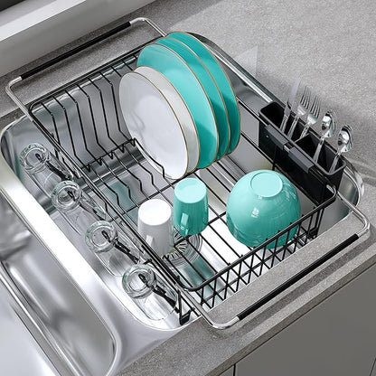 JASIWAY Dish Drying Rack in Sink, Expandable Stainless Steel Dish Drainers for Kitchen Counter, Space Saving Dish Dryer Rack with Drainboard, Over The Sink Dish Racks with Utensil Holder, Black by JASIWAY