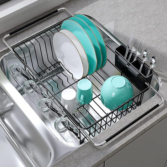 JASIWAY Dish Drying Rack in Sink, Expandable Stainless Steel Dish Drainers for Kitchen Counter, Space Saving Dish Dryer Rack with Drainboard, Over The Sink Dish Racks with Utensil Holder, Black by JASIWAY
