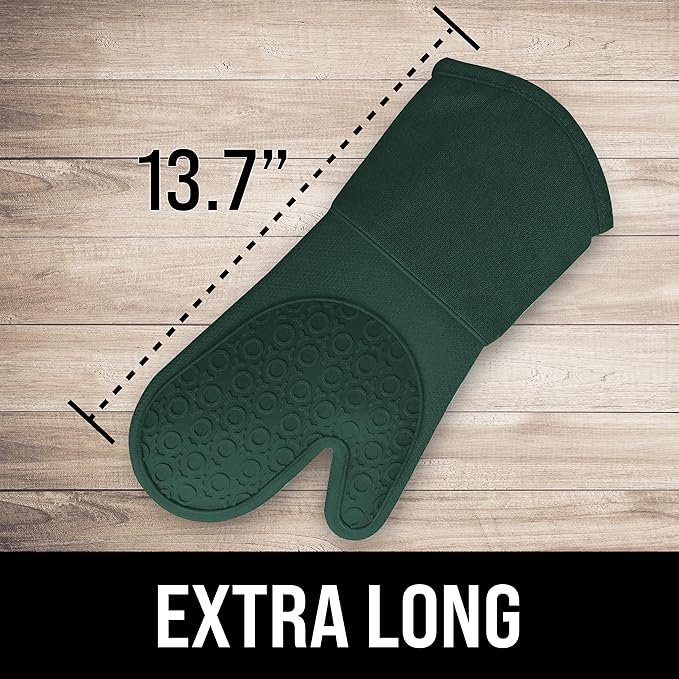 BPA-Free Silicone Oven Mitts Ultra Heat Resistant up to 500°F - Oven Mitts with Thick Cotton Liner - Long Slip Resistant Pot Holders, Flexible Oven Gloves - Green 13.7 - Image 2