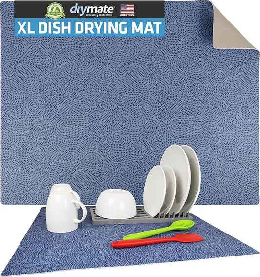 Drymate Jumbo XL Dish Drying Mat (19”x24”), Low-Profile, Super Absorbent, Quick Dry Fabric, Waterproof & Slip-Resistant, for Kitchen Counter, Trimmable, Easy to Clean (USA Made)(Blue) by Drymate