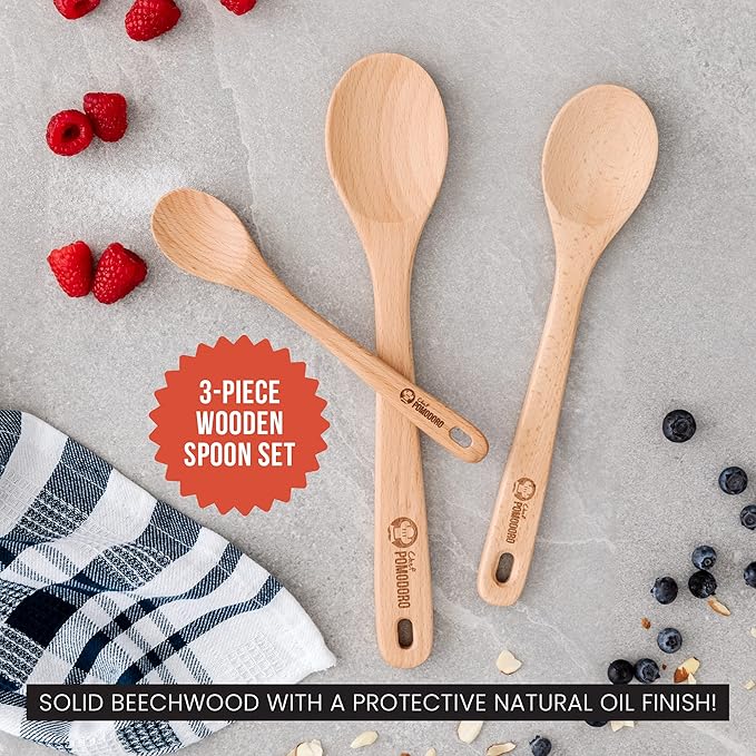 Chef Pomodoro Wooden Spoons for Cooking 3-Piece Set, Solid Beechwood Cooking Utensils | 12-Inch, 10.5-Inch, 8-Inch Wooden Utensils Set, Beechwood Kitchen Utensils, Soup Spoons for Nonstick Cookwares