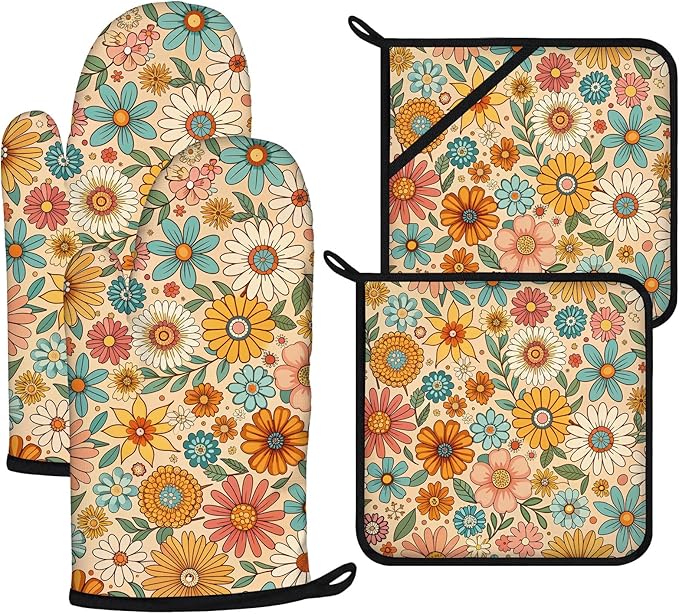 Boho Floral Oven Mitts and Pot Holders Sets 4Pcs,Extra Long Oven Gloves Potholder for Kitchen Cooking Baking BBQ 100% Cotton Heat Resistant by VisittheDuibelproduct