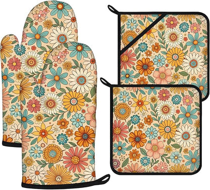 Boho Floral Oven Mitts and Pot Holders Sets 4Pcs,Extra Long Oven Gloves Potholder for Kitchen Cooking Baking BBQ 100% Cotton Heat Resistant by VisittheDuibelproduct