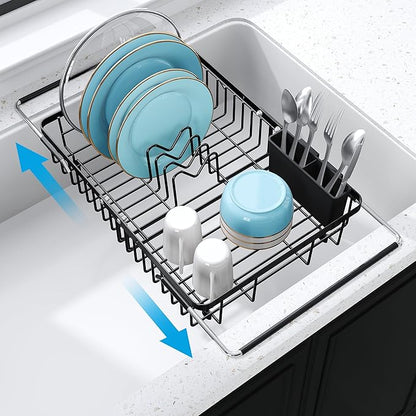 Expandable Stainless Steel Dish Drying Rack Over The Sink For Small Kitchen, Counter Space Saving Compact Black Metal Plate Drain Strainer, Adjustable Hanging In Sink Rust Proof Wire Dryer Holder by JASIWAY