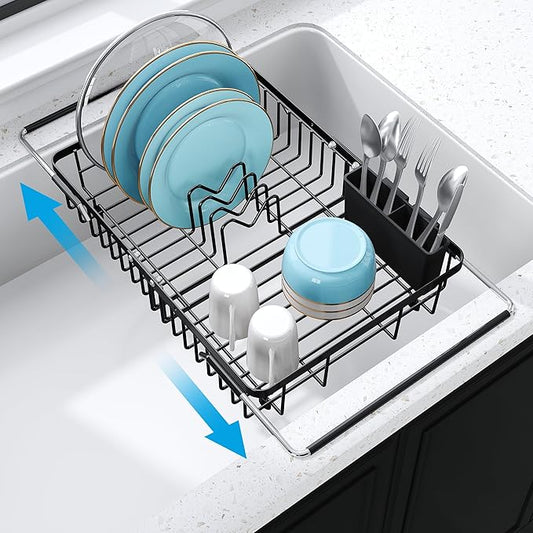 Expandable Stainless Steel Dish Drying Rack Over The Sink For Small Kitchen, Counter Space Saving Compact Black Metal Plate Drain Strainer, Adjustable Hanging In Sink Rust Proof Wire Dryer Holder by JASIWAY