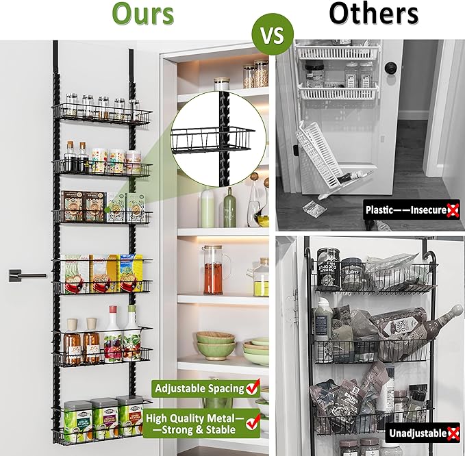 Churboro Over the Door Pantry Organizer Rack with 6 Adjustable Baskets, 6 Tiers Dual-use Spice Rack- Hanging or Wall Mount Spice Rack, Pantry Door Organizer, Black - Image 4