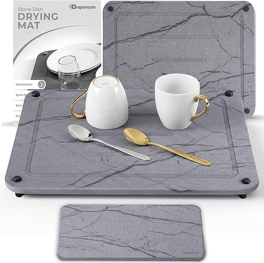 Stone Dish Drying Mat for Kitchen Counter, Quick Dry Stone Dishes Mats, Stones Drying Mat for Kitchen Counter, Water Absorbing Diatomaceous Earth Drying Mat (Dark Gray 15.7x11.8" & 8"x4")