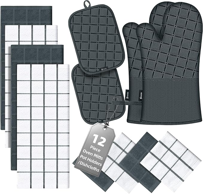 Oven Mitts Pot Holders Sets/Kitchen Towels and Dishcloths,Oven Gloves Kitchen Dish Towels 500 Degree Heat Resistant Potholders with Non-Slip Silicone Surface for Cooking,Grilling,Baking-Deep Green by BSKSSK
