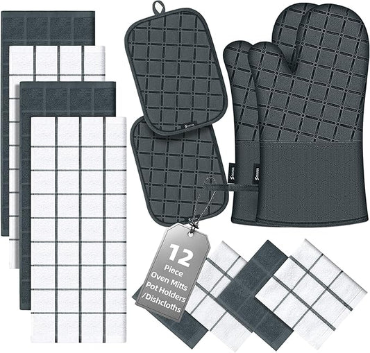 Oven Mitts Pot Holders Sets/Kitchen Towels and Dishcloths,Oven Gloves Kitchen Dish Towels 500 Degree Heat Resistant Potholders with Non-Slip Silicone Surface for Cooking,Grilling,Baking-Deep Green by BSKSSK