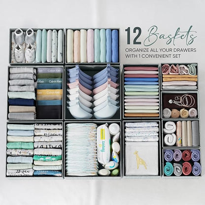 Drawer Organizer Clothes Set of 12 Grey - Dresser Organizer For Nursery, Bedroom, Closet - The Perfect Baby Clothes Organizer and Storage & General Nursery Organization or Dresser Drawer Organizers - Image 3