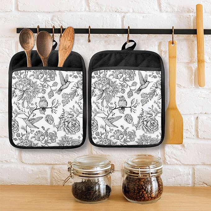 Vintage Floral Hummingbird Pot Holders with Pockets, Retro Rustic Flower Bird Oven Pot Holders Heat Resistant Oven Mitts Hot Pads for Kitchen Baking Cooking