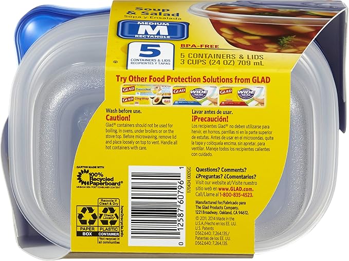 Glad GladWare Medium Rectangle Food Storage Containers with Lids, BPA Free Plastic for Soups Salads and Meal Prep, Airtight Leak Resistant, Microwave Dishwasher Freezer Safe, 24 Oz, 5 Count - Image 2