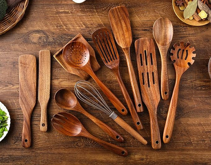 Kitchen Utensils Set, NAYAHOSE 12 Pcs Teak Wooden Cooking Spoons Spatula Spurtles Kit with Spoon Rest Whisk, Non-stick Natural Kitchen Tools