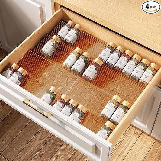 MUDEELA Clear Spice Drawer Organizer, 4 Tier- 2 Set (4 Packs) Spice Rack for Drawer, Expandable From 11" to 22" Kitchen Seasoning Organizers and Storage for Drawer (Jars not included), Amber by MUDEELA