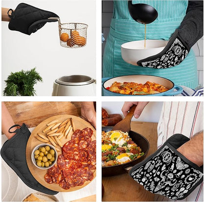 Gothic Witchy Skull Pot Holders with Pockets, Witchy Gifts, Goth Black Pot Holders Heat Resistant Oven Mitts Hot Pads for Kitchen Baking Cooking,Potholders for Kitchens