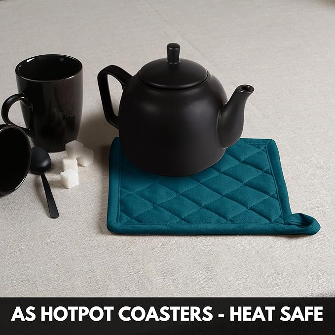 Oven Mitt & Pot Holder 100% Cotton Heat Resistant Kitchen Oven Mitt (7"x13") & Pot Holder (8"x8") for Gifts, Chef, Restaurants - Teal