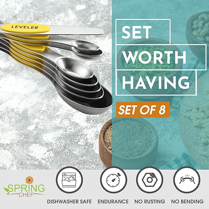 Spring Chef Yellow Stainless Steel Magnetic Measuring Spoons Set of 8 with Leveler, Dual Sided Metal Teaspoon & Tablespoon Measuring Spoons, Kitchen Gadgets for Baking & Cooking, Fits in Spice Jars - Image 3