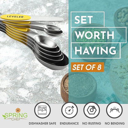 Spring Chef Yellow Stainless Steel Magnetic Measuring Spoons Set of 8 with Leveler, Dual Sided Metal Teaspoon & Tablespoon Measuring Spoons, Kitchen Gadgets for Baking & Cooking, Fits in Spice Jars - Image 3