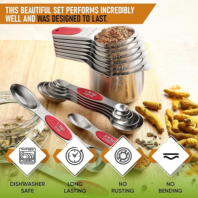Spring Chef Magnetic Measuring Cups & Spoons Set, Patented, Strong N45 Magnets, Heavy Duty Stainless Steel Fits in Spice Jars for Baking & Cooking, BPA Free, Round Set of 15 with Leveler, Red - Image 2