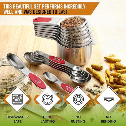 Spring Chef Magnetic Measuring Cups & Spoons Set, Patented, Strong N45 Magnets, Heavy Duty Stainless Steel Fits in Spice Jars for Baking & Cooking, BPA Free, Round Set of 15 with Leveler, Red - Image 2