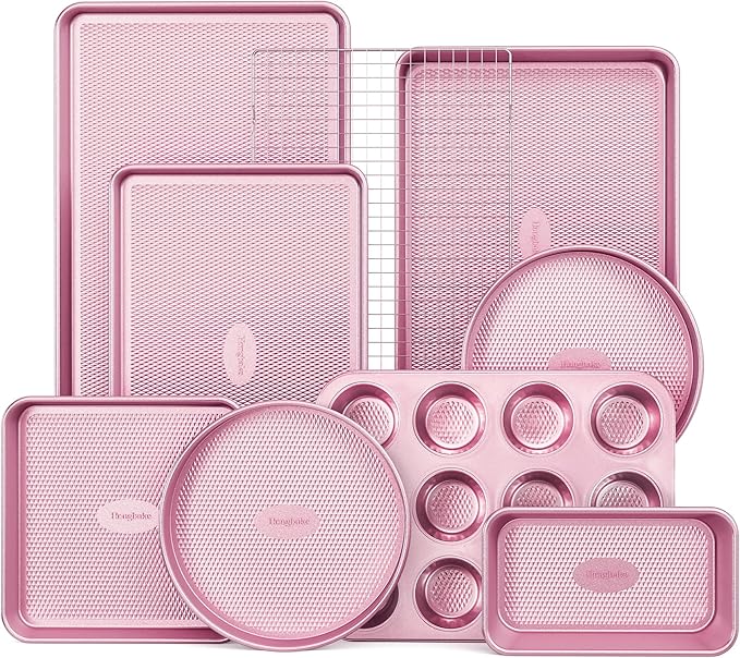 HONGBAKE 9-Piece Baking Pans Set Nonstick, Stackable Non Toxic Bakeware Sets with Diamond Texture, Oven Pan Set for Cooking, Includes Cookie Sheet with Rack, Cake Pan, Roasting Pan, Muffin Tin, Pink by HONGBAKE