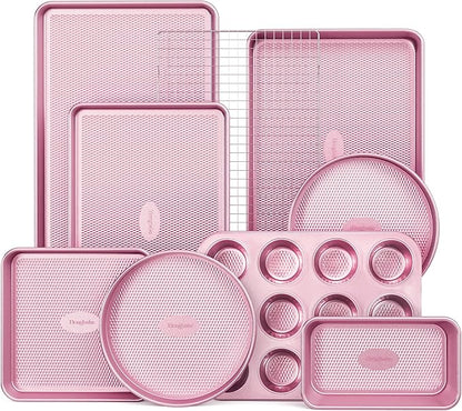 HONGBAKE 9-Piece Baking Pans Set Nonstick, Stackable Non Toxic Bakeware Sets with Diamond Texture, Oven Pan Set for Cooking, Includes Cookie Sheet with Rack, Cake Pan, Roasting Pan, Muffin Tin, Pink by HONGBAKE
