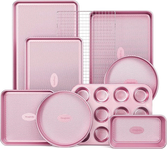 HONGBAKE 9-Piece Baking Pans Set Nonstick, Stackable Non Toxic Bakeware Sets with Diamond Texture, Oven Pan Set for Cooking, Includes Cookie Sheet with Rack, Cake Pan, Roasting Pan, Muffin Tin, Pink by HONGBAKE