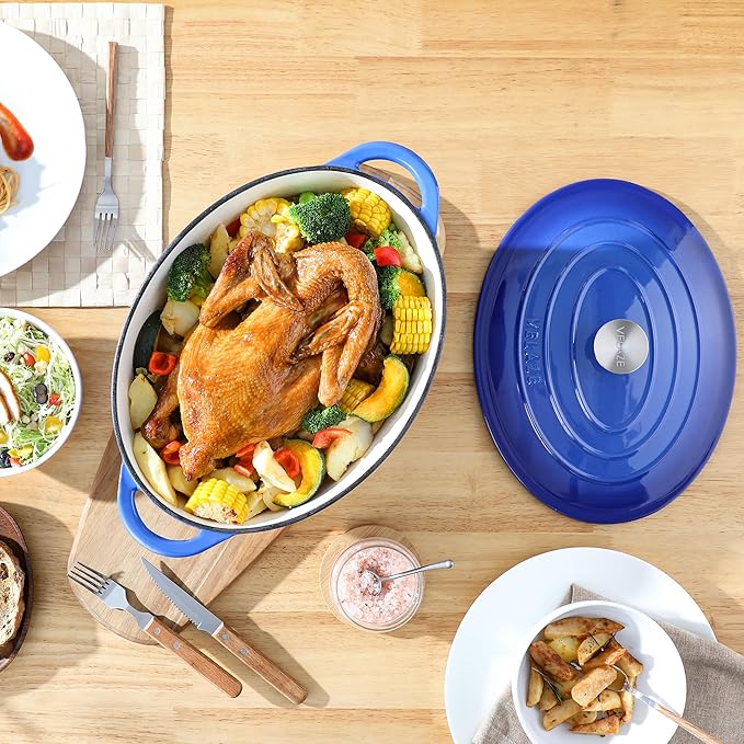 Velaze 7.5 QT Enameled Oval Dutch Oven Pot with Lid, Cast Iron Dutch Oven with Dual Handles for Bread Baking, Cooking, Frying, Non-stick Enamel Coated Cookware（Blue) - Image 7