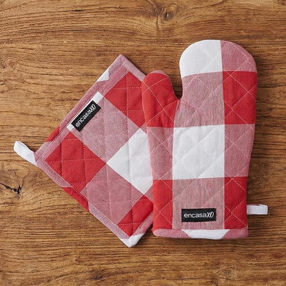 Encasa XO Heat Resistant 100% Cotton Oven Glove & Potholder Set with Loop, Kitchen Cooking Mittens, Microwave Safe Hot Pads (Buffalo Red Checks)