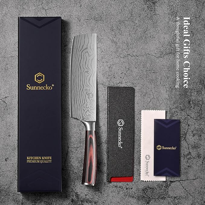 Sunnecko Japanese Nakiri Knife 7 Inch - Carbon Steel Chef Knife Vegetable Cleaver with Sheath, Kitchen Gift for Home Cooks, Professional Kitchen Knife Gift Box - Image 6